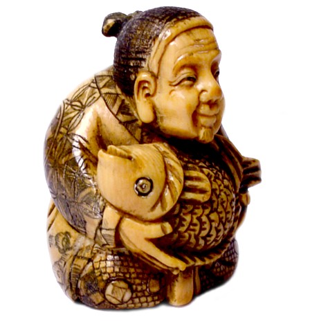 японская антикварная нэцкэ из слоновой кости в виде Эбису, одного из Семи Богов Счастья, эпоха Эдо