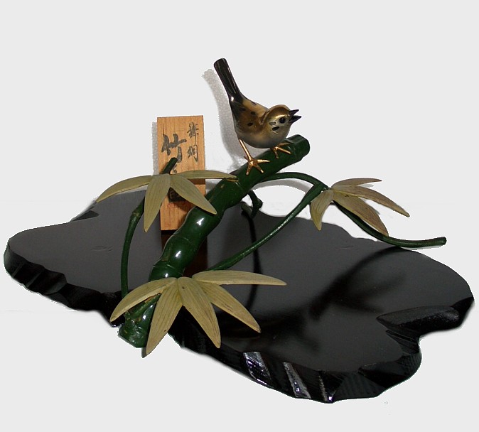 японская бронзовая интерьерная композиция Птичка на побеге  бамбука, 1900-е гг.