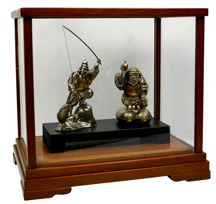 японские серебряные парные статуэтки Дайкоку и Эбису, двух из Семи Богов Удачи