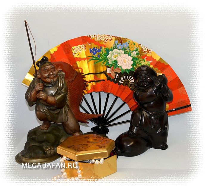 Двое из Семи Богов Счастья - Эбису и Дайкоку, японские антикварные бронзовые статуэтки