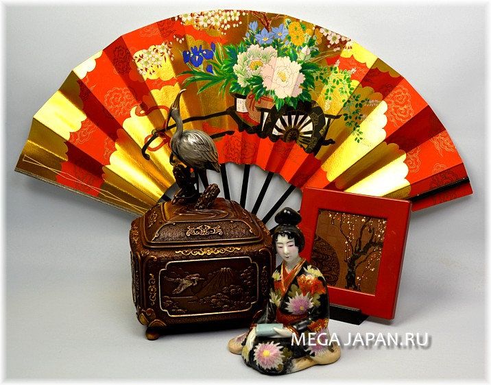 японская бронзовая шкатулка, веер и фарфоровая статуэтка. Mega Japan, японский интернет-магазин