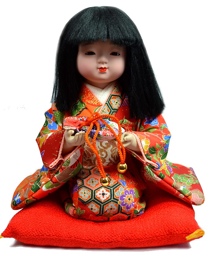 японская традиционная кукла Сидящая девочка с сумочкой в руках