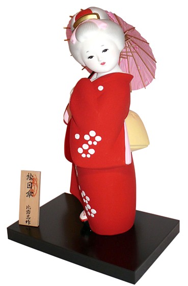 девочка в красном кимоно  с зоником, японская статуэтка из керамики