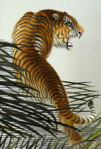 тигр, вышивка на шелковом интерьерном экране