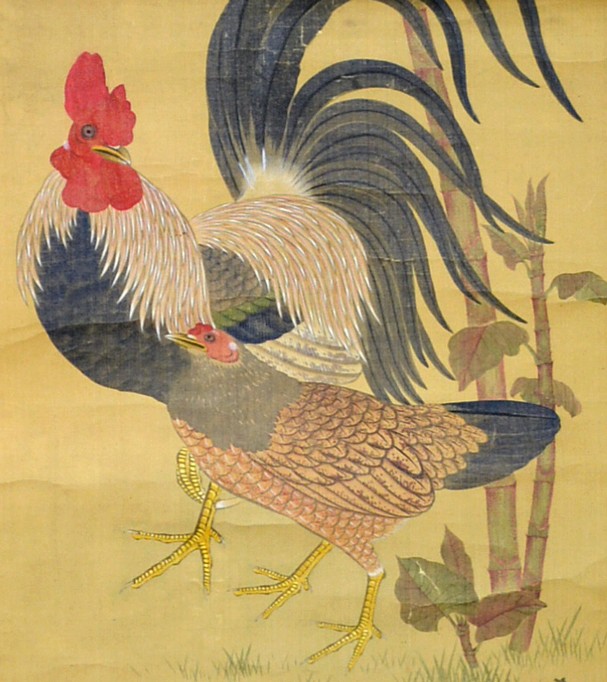 японский старинный рисунок Петух и Курица, эпоха Эдо