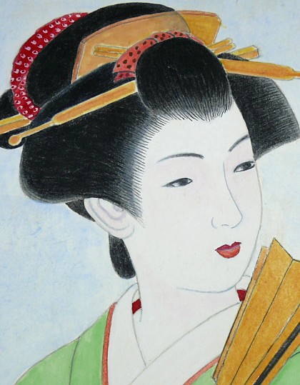 японская картина в раме Дама с веером, Наттори Шусэн, 1927 г.