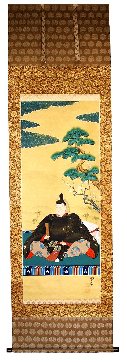японская акварель на свитке Император в весеннем саду