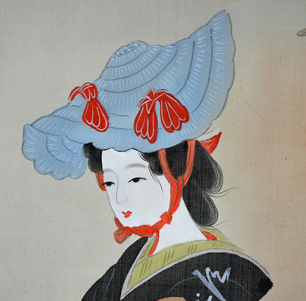 Гейша в черном кимоно, японский рисунок на свитке , 1900-е гг.