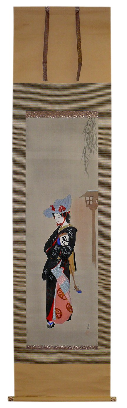 Гейша в черном кимоно,  японский рисунок на свитке, 1900-е гг.