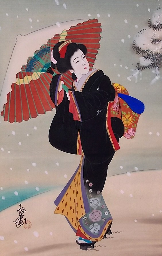 японский рисунок эпохи Эдо: Гейша с зонтиком под снегом