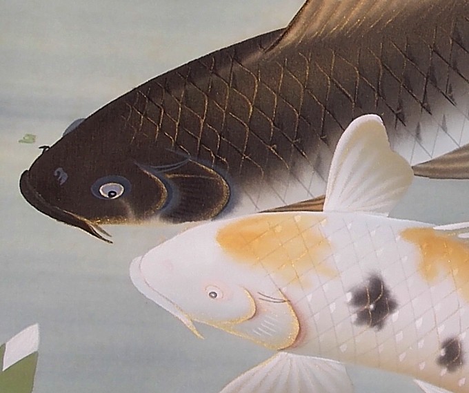 японский рисунок на свитке Карпы в пруду. Деталь