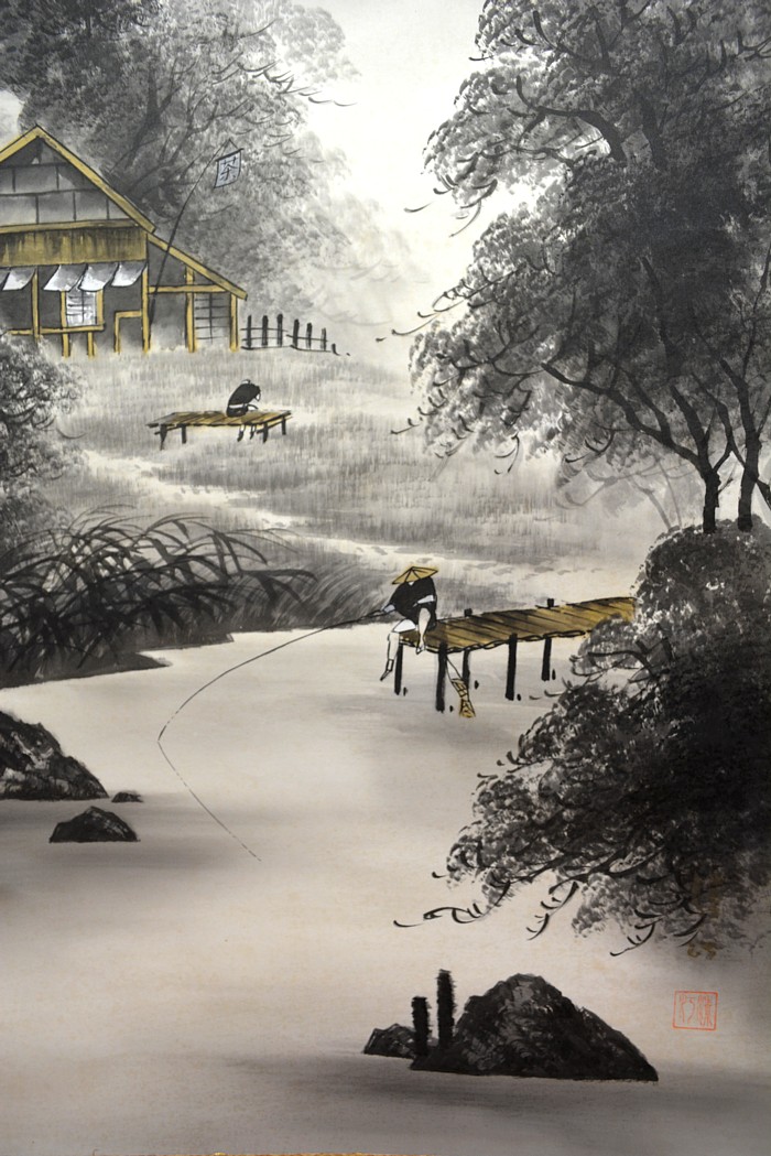 японский рисунок  в технике суми-э Пейхаж с рыбаком, 1930-50-е гг.
