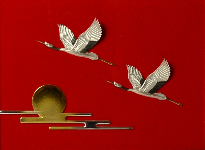 Журавли, летящие на восходе солнца, японская картина-рельеф из серебра 999 пробы