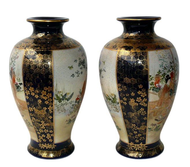 японские антикварные парные вазы Сацума, конец эпохи Эдо