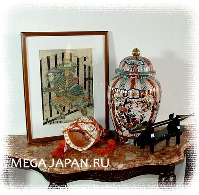 японский антиквариат: сигнальный горн ХОРАГАЙ, гравюра - укие-э, ваза и куротельная трубка