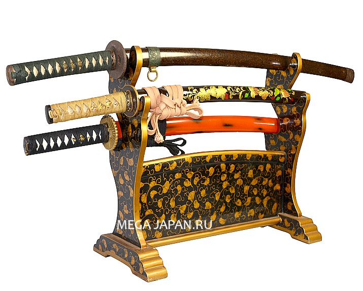 антикварная японская резная подставка для трех мечей с росписью растительным орнаментом