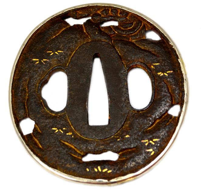 антикварная кованная цуба самурайской катаны, подписная, сер. эпохи Эдо