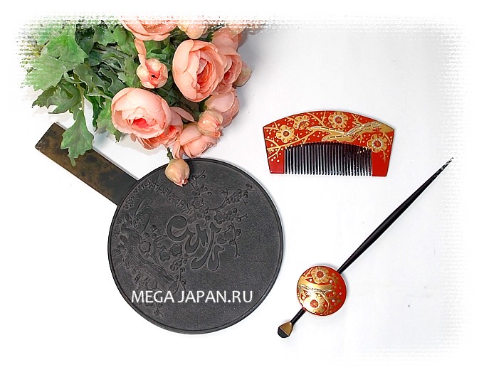 японское бронзовое старинное зеркало и набор для украшения традиционной прически