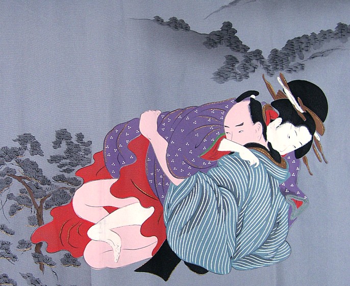 японский эротический рисунок в стиле укиё-э на спине мужского шелкового кимоно