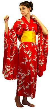 старинное японское кимоно майко из фигурного алого шелка