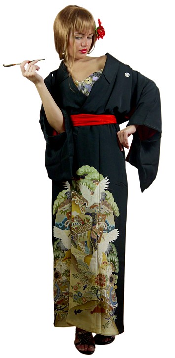 антикварное шелковое кимоно гейши с ручной росписью