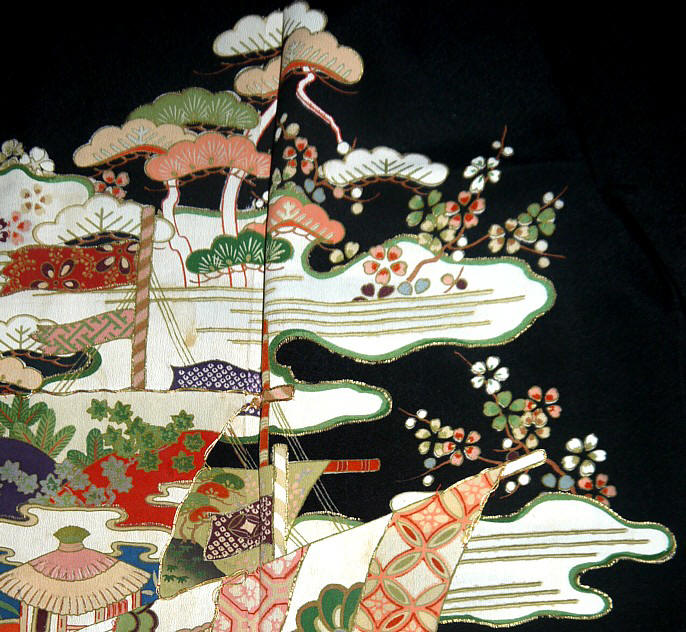 роспись на шелке японского старинного кимоно гейши