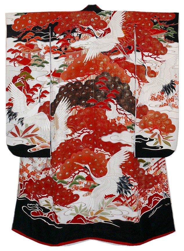 японское антикварное шелковое кимоно с авторским рисунком и вышивкой