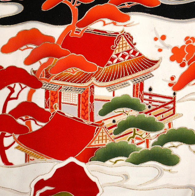 деталь рисунка на шелке японского женского старинного кимоно