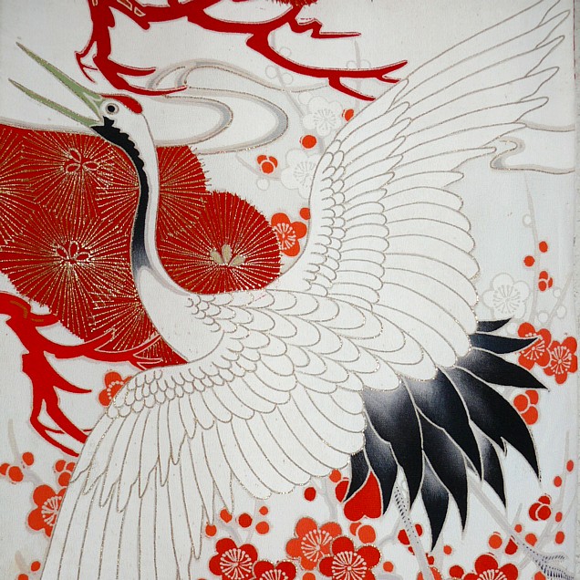 деталь рисунка на шелке японского женского старинного кимоно